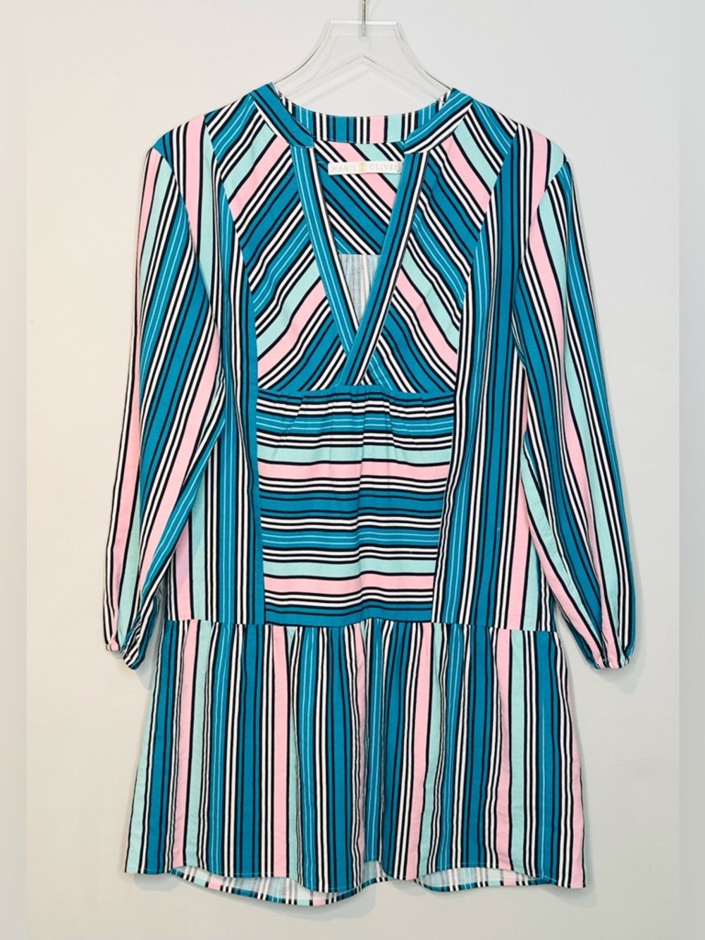Marie Oliver Petra Paneled Blue Stripe Silk Linen Blend Mini Dress